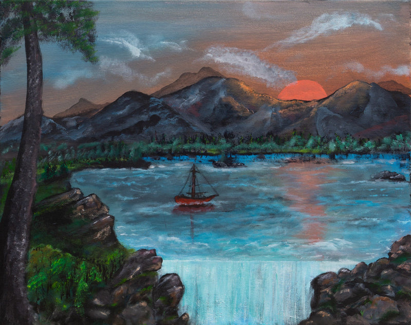 Dusk Waterfall Boat — Original Acrylic Painting by Gary Hartman